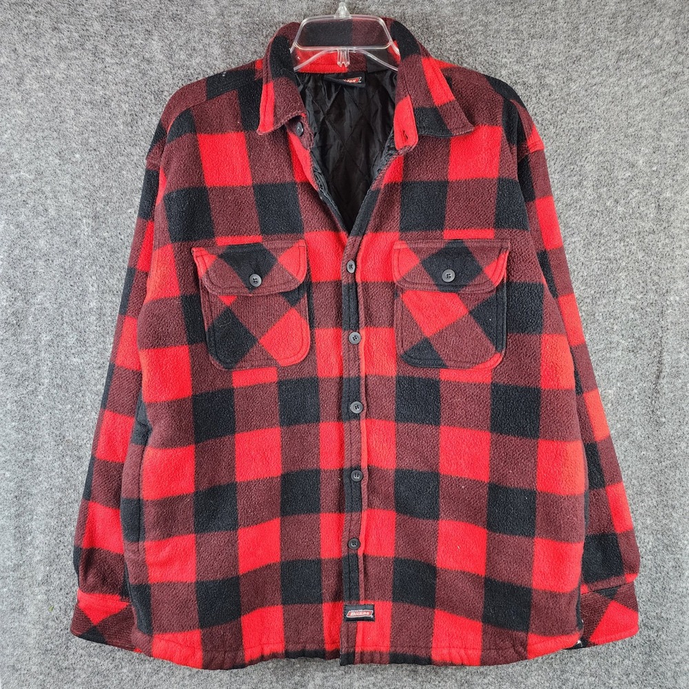 Dickies Shirt Jacket Mens L Buffalo Plaid Red Black Quilted Fleece EUC